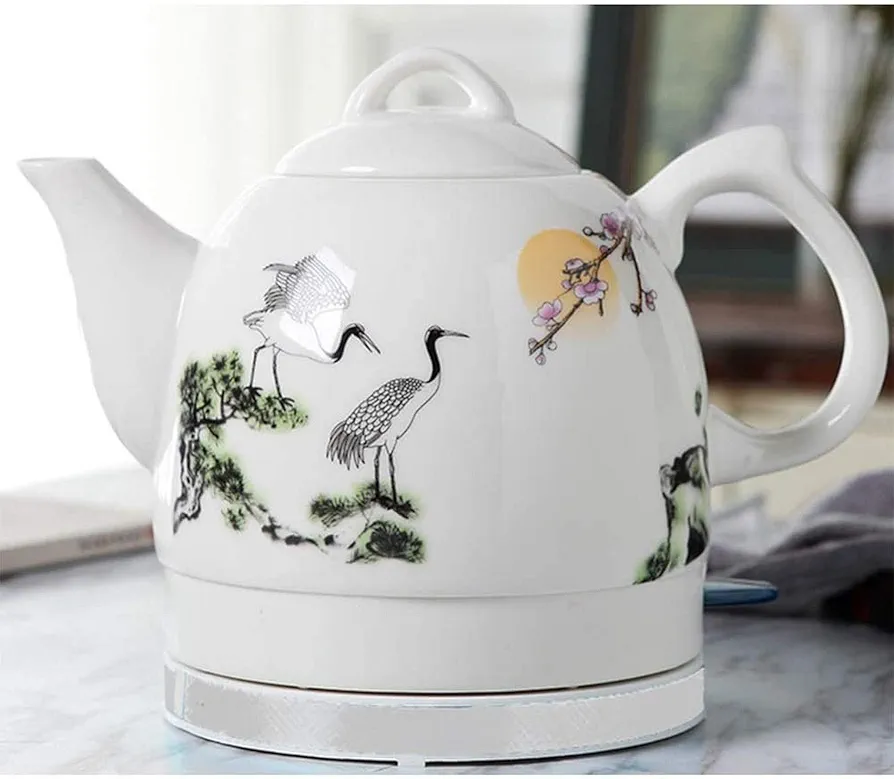 Electric Ceramic Cordless Kettle Teapot Retro 1L Jug - 1200W Fast Boiling Water for Tea, Coffee, Soup, Oatmeal - Removable Base and Boil Dry Protection