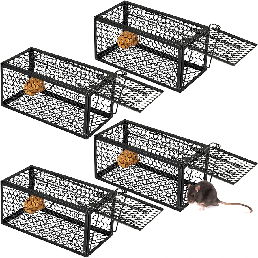 Qualirey 4 Pcs Humane Rat Trap Chipmunk Rodent Trap Mouse Trap Squirrel Trap Small Live Animal Trap Mouse Voles Hamsters Live Cage Rat Mouse Cage Trap for Mice Easy to Catch and Release (Black)