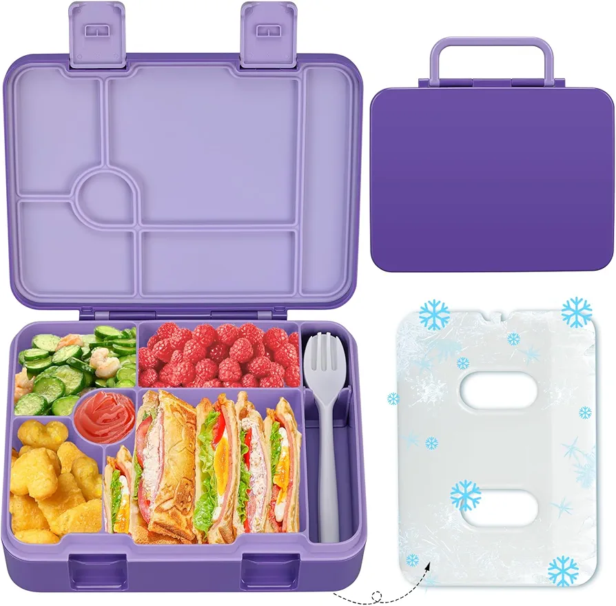 Kids Bento Lunch Box with Built-in Ice Pack for School, 5 Compartments Leak Proof Lunch Container with Utensils for Girl Boy; BPA Free, Microwave & Dishwasher Safe, 44oz, Purple