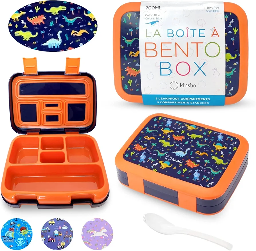 Dinosaur Bento Lunch Box for Boys Toddlers, 5 Portion Sections Secure Lid, Microwave Safe BPA Free Removable Plastic Tray, Pre-School Kid Daycare Lunches Snack Container Ages 3 to 7 Blue Orange