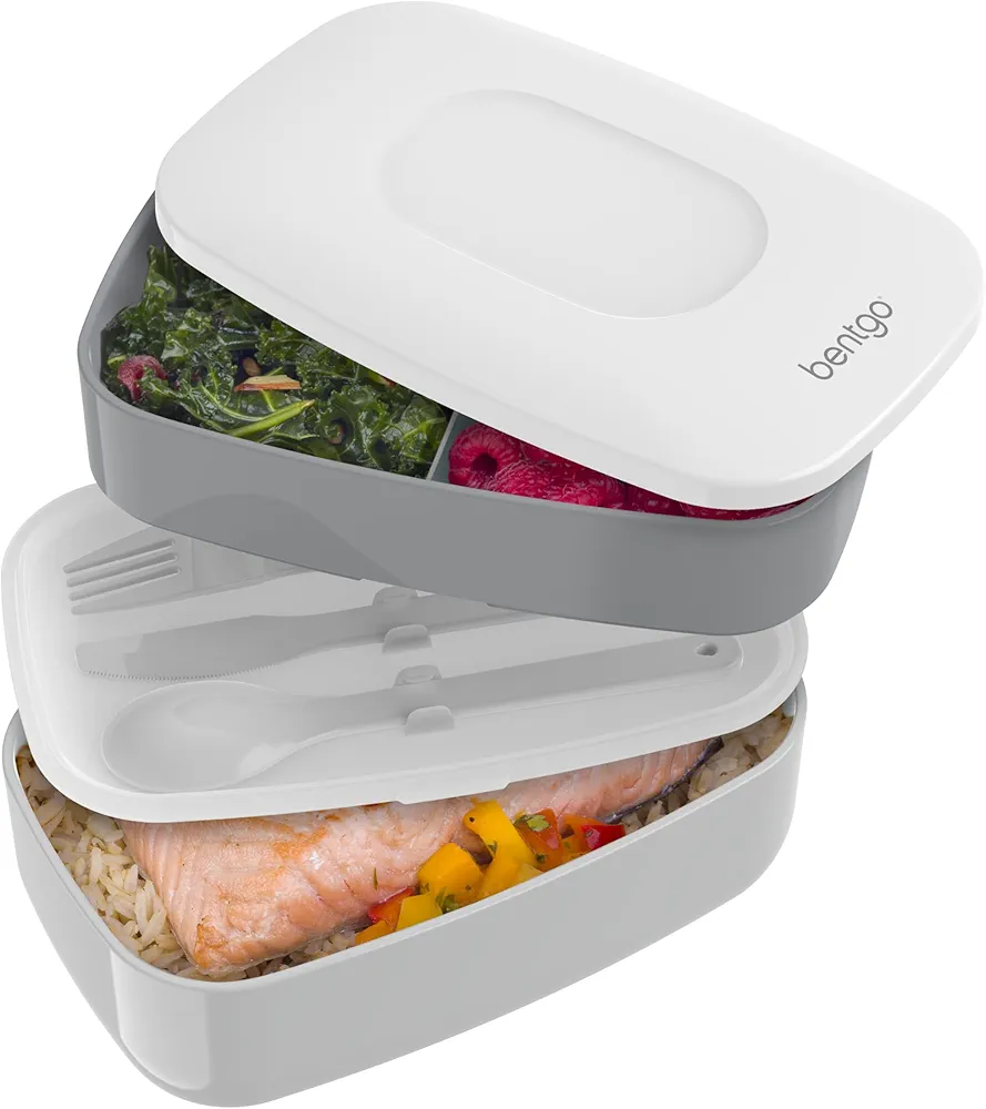 Bentgo Classic - Adult Bento Box, All-in-One Stackable Lunch Box Container with 3 Compartments, Plastic Utensils, and Nylon Sealing Strap, BPA Free Food Container (Gray)