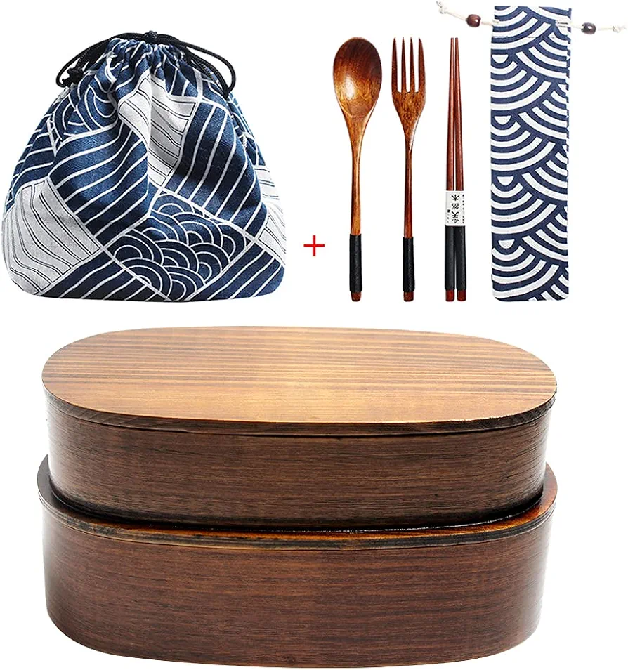 DODY Wooden Lunch boxes, Japanese Traditional Natural Square Wooden Lunch Containers Women's Men's Adult Kids Wood Bento Box with Spoon Fork kit and Storage bag