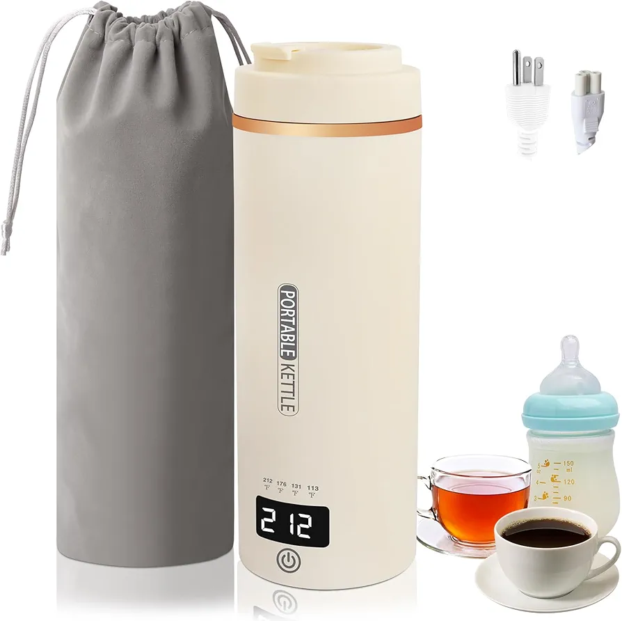 Electric Kettle For Travel Portable Small Kettle 0.5L（17 OZ), Fast Boiling Mini Water Kettle 316 Stainless Steel For Tea/Coffee, Hot Water Boiler with 4 Temperature,Auto Shut-Off,110V (Beige)