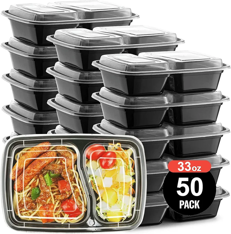 MORDEN MS Meal Prep Container With Lids, 50 Pack 2 Compartment Reusable Food Storage Container Divided Plastic Bento Lunch Box To-go Boxes, Microwave/Dishwasher/Freezer Safe,Portion Control(33oz)