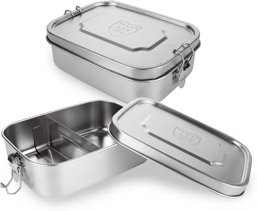 2 Pack 1200ml / 42oz Stainless Steel Bento Box, 2-Compartment Metal Lunch Box with Removable Divider, Large Bento Lunch Containers with Double Secure Locks – Dishwasher Safe