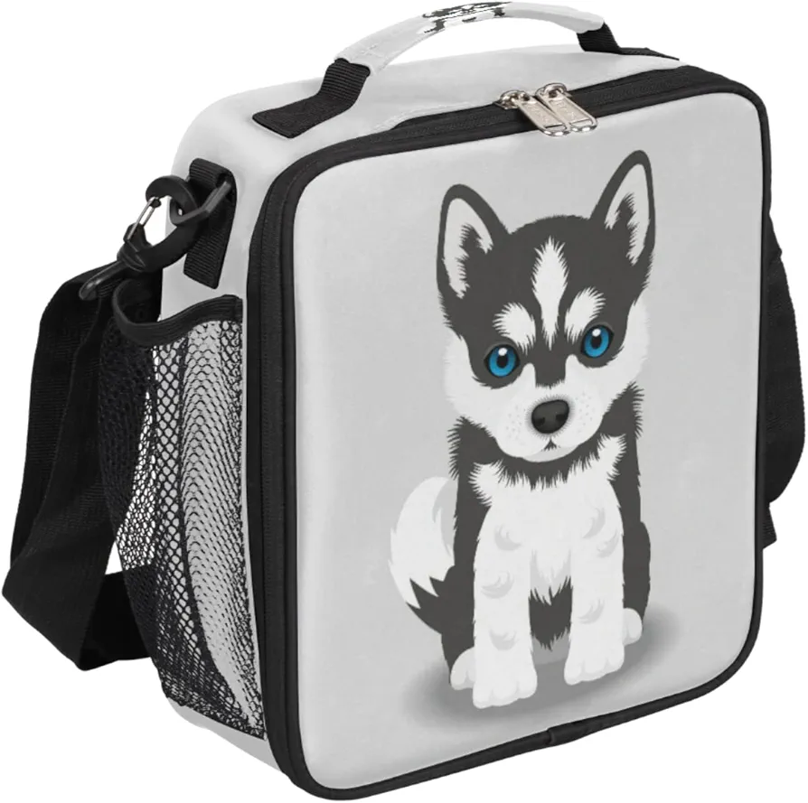 Dog Husky Lunch Box for Kids, Cute Puppy Lunch Bag for Girls Boys Insulated Freezable Lunchbox with Adjustable Shoulder Strap, Cooler Tote Bag for School, Travel, Picnic, Beach