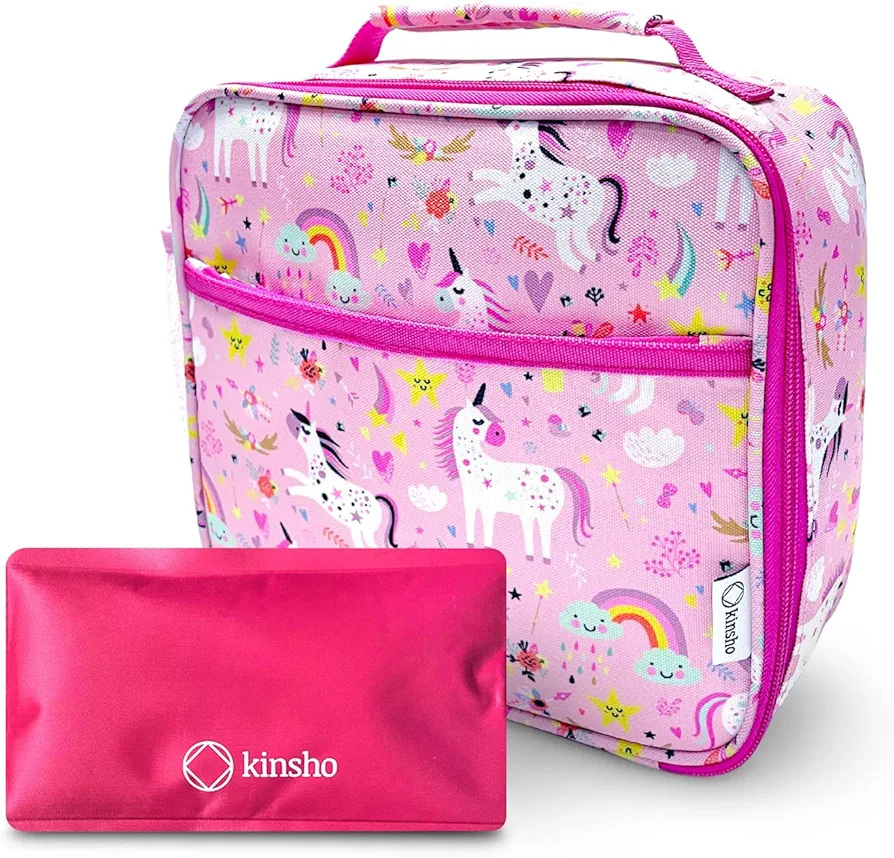 kinsho Lunch Bag for Girls with Ice Pack, Insulated Kids Lunch-Box for Toddlers Baby Girl Daycare Pre-School Kindergarten, Large Snack Container, Fits Bento Boxes for Kid Lunches, Pink Unicorn