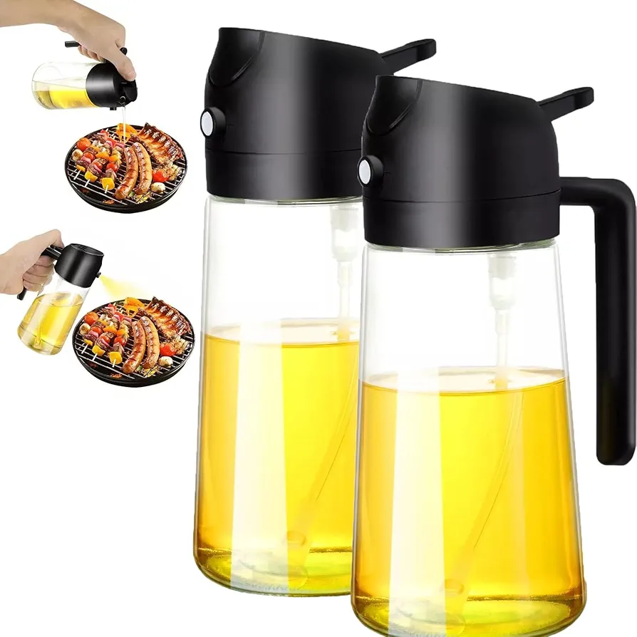 Kitchen Maiden 2 in 1 Oil Dispenser, Oil Sprayer for Cooking, 2 in 1 Olive Oil Dispenser Bottle for Kitchen, 16oz/Premium Glass Oil Bottle, Food-grade Oil Mister for Air Fryer, Salad, Frying, BBQ