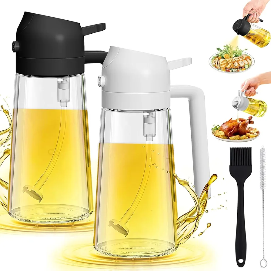 Oil Sprayer Set of 2, 2 in 1 Oil Dispenser and Oil Sprayer for Cooking 470ml Olive Oil Sprayer and Pourer Glass Oil Mister Spray Bottle for Kitchten, Salad, BBQ, Fryer, Black and White
