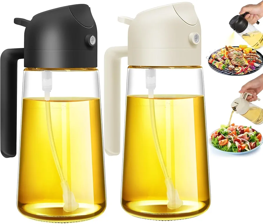 Oil Sprayer for Cooking,2 in 1 Olive Oil Dispenser and Oil Sprayer,16oz/470ml Premium Glass Oil Bottle, Oil Spray Bottle,Mist Olive Oil Dispenser for Kitchen,Air Fryer,Salad, Grill. (black + white)