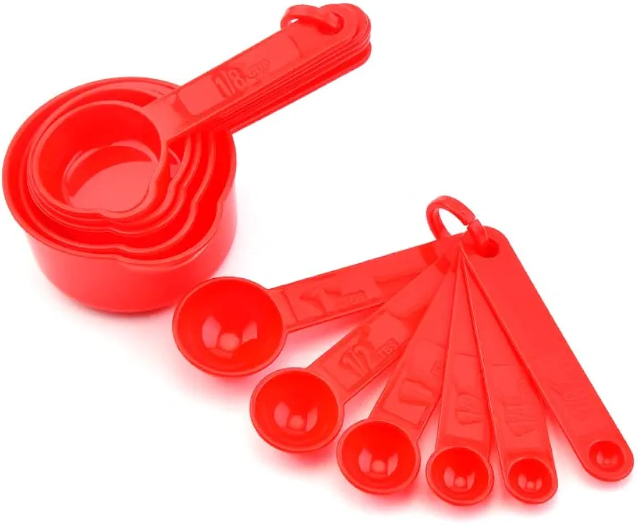 Plastic Measuring Cups and Spoons Set of 11, Kitchen Measuring Cups and Spoons Set for Dry & Liquid Ingredients, 5 Measuring Cups & 6 Measuring Spoons Set for Cooking & Baking Red