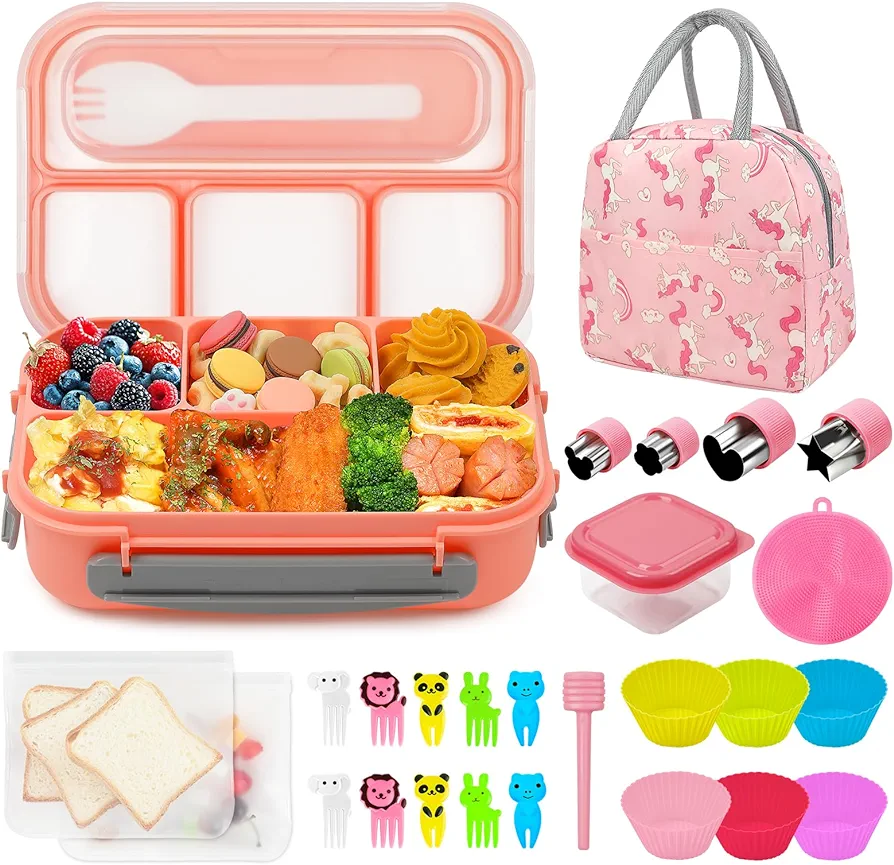 Bento Lunch Box, 28Pcs Kids Lunch Box Accessories 1300ML 4 Compartments Leak Proof Lunch Container for Adult with Cookie Cutters Silicone Cupcake Liners Lunch Bag Fruit Forks Pink