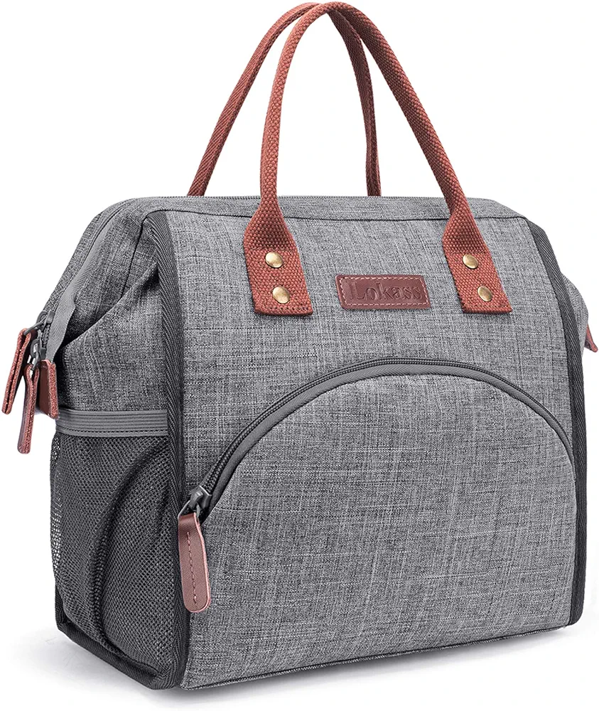 LOKASS Lunch Bag Women Insulated Lunch Box Wide-Open Lunch Tote Bag Large Drinks Holder Durable Nylon Thermal Snacks Organizer for Men Adults Work Picnic Hiking Beach Fishing,Grey