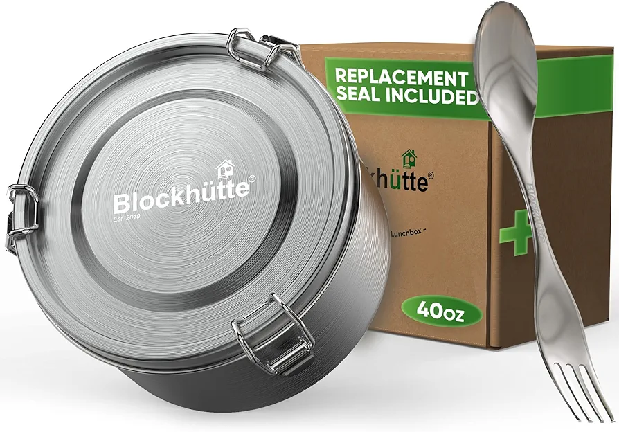 Blockhütte Stainless Steel Lunch Box For Adults I 40oz I Spork and Sealing Set I Airtight Leakproof Lunch Container I Large Bento Box Metal Stackable I Perfect for Gifts, Travel, Work BPA-FREE