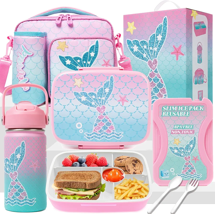 Mermaid Lunch Box for Girls 5-12 Bento Box for Kids with Ice Pack Lunch Box Kids Girl with Stainless Steel Water Bottle Insulated Lunch Bag Set for Pre-School Toddler Elementary Kids