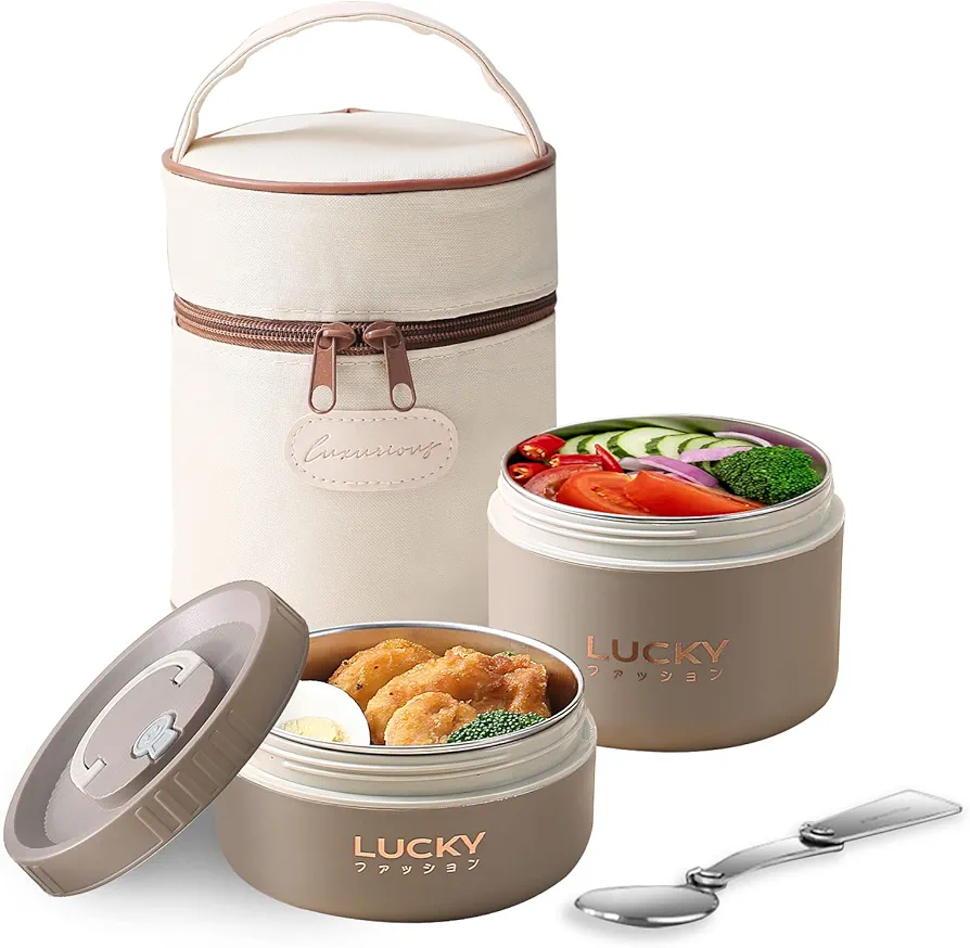 Portable Thermal Lunch Container For Kid Adult, Keep Food Warm Insulated Bento Lunch Box With Bag, Leakproof Stainless Steel Food Container, Induction Cooker & Microwave Safe (Khaki 34oz)