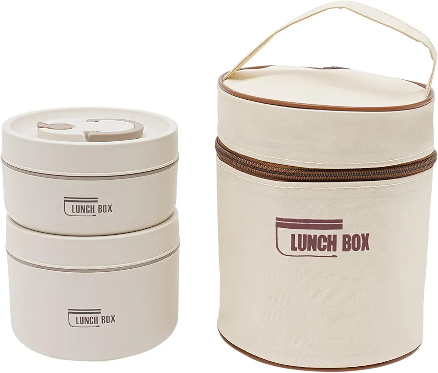 Insulated Lunch Box,2 Pieces 304 Stainless Steel Portable Lunch Containers Adult Bento Box with Insulation Bag,Stackable Food Lunch Container for Work Picnics Camping (Off-white)