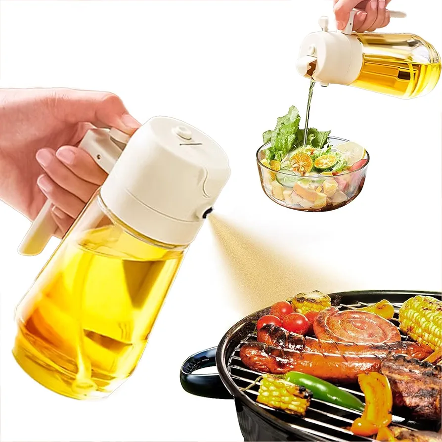 Oil Sprayer for Cooking, 2 in 1 Olive Oil Dispenser Bottle for Kitchen, 15.89oz/470ml Premium Glass Oil Bottle, Food-grade Oil Mister for Air Fryer, Salad, Frying, BBQ (Off white)