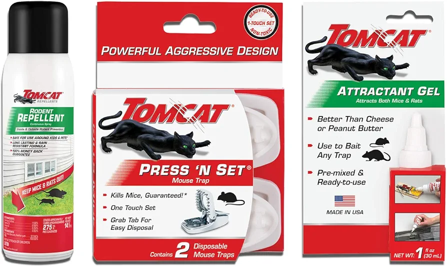 Tomcat Mouse Bundle: Kill & Prevent Mice, 14 oz. Repellent Spray, 2 Press 'N Set Traps, 1 oz. Attractant Gel