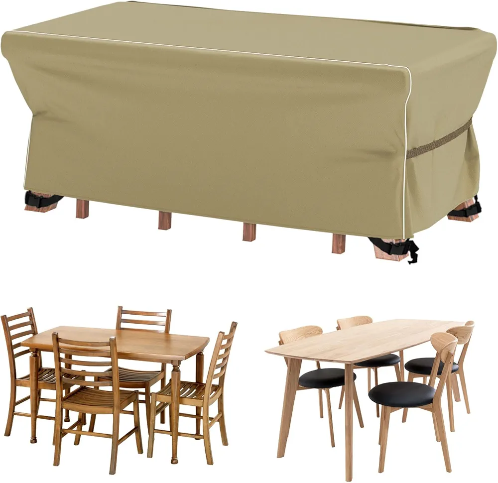 Velway Patio Furniture Set Cover - Heavy Duty 420D Waterproof Weatherproof Outdoor Dining Table and Chairs Furniture Set Cover with Reflective Tape Rectangular 67"L x 37"W x 28"H - Khaki