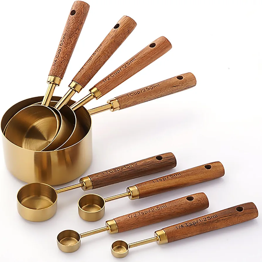 Measuring Cups and Spoons Set of 8, Stainless Steel Gold Measuring Cups Kit with Wooden Handle, Kitchen Cooking Baking Spoons Tool Set for Solid and Liquid Iingredients