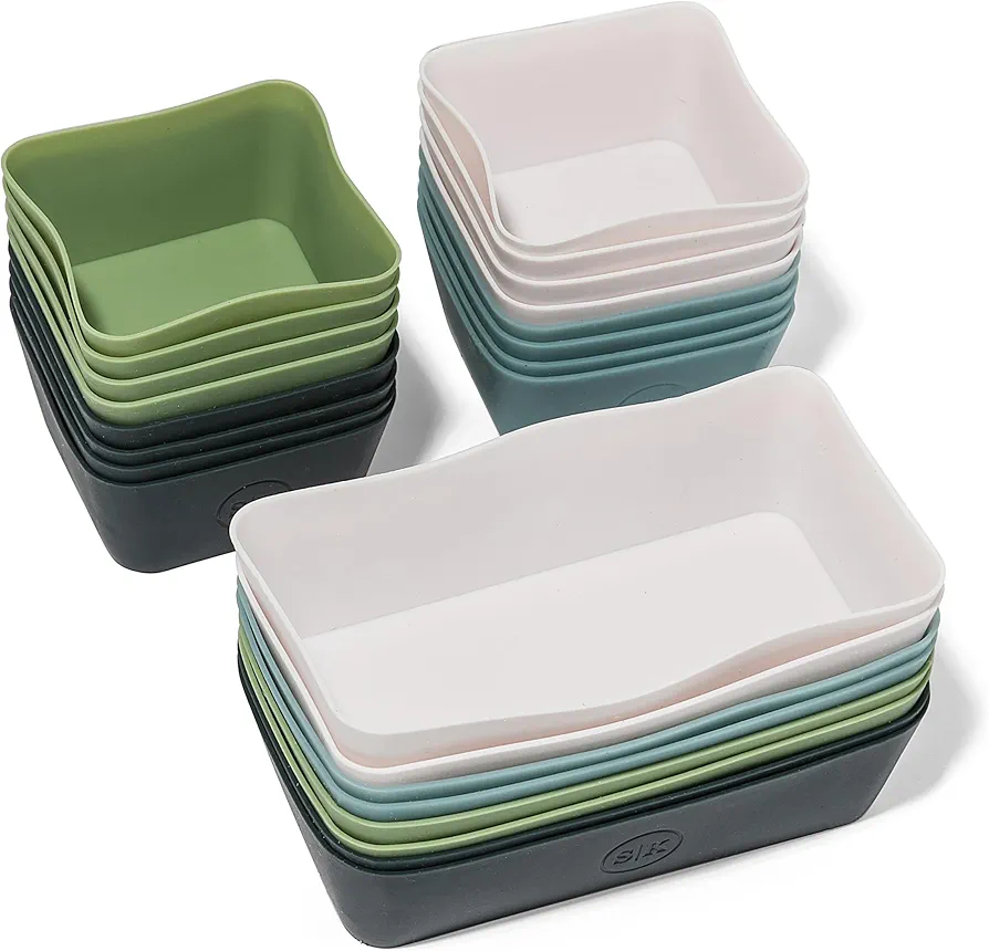 The Silicone Kitchen Reusable Silicone Bento Baking Cup, Non-Toxic, BPA Free, Dishwasher Safe Bento Box Accessories Lunch Box Dividers, Square and Rectangle, 24 Pack, Blue, White, Green