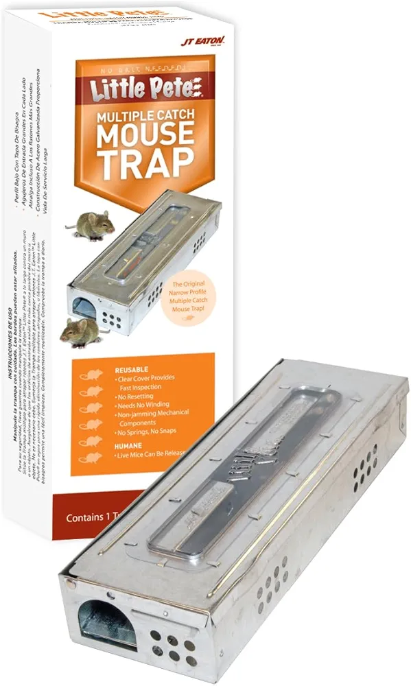 JT Eaton 428CL Little Pete Slim Multiple Catch Live Mouse Trap with Clear Lid, No Bait Pest Control (Pack of 1)