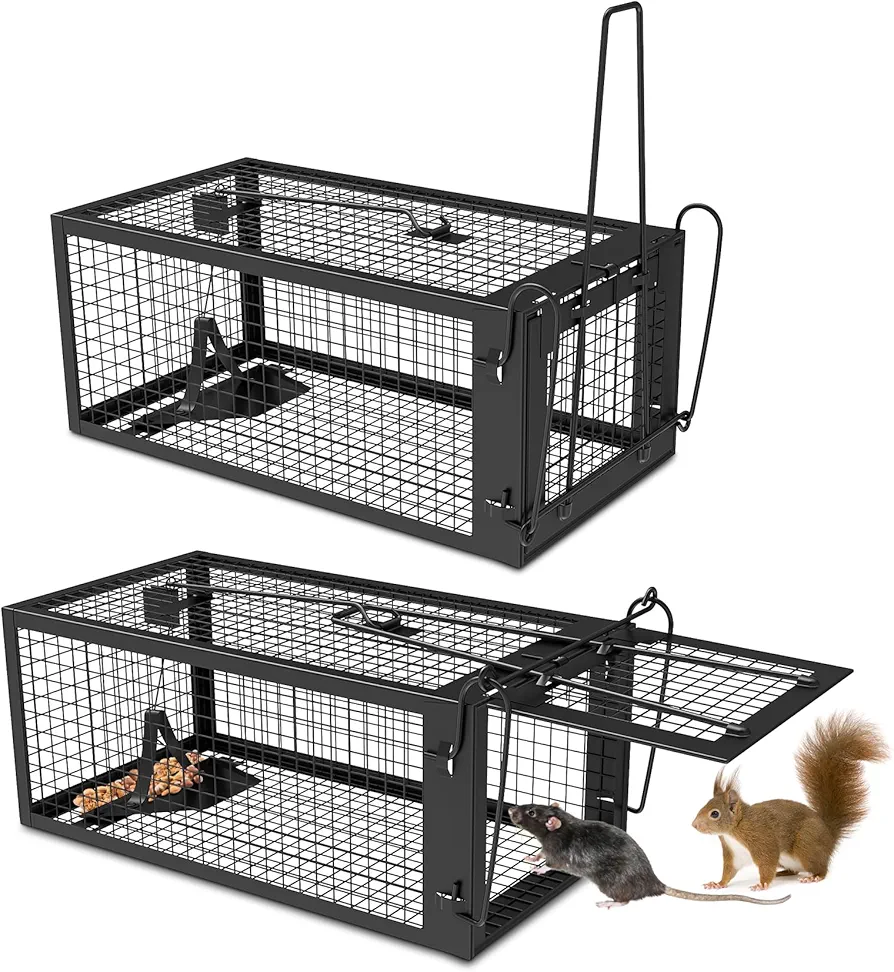 2 Packs Humane Rat Trap Outdoor Mouse Traps Indoor Use, Rodent Chipmunk Traps for Small Live Animal Catch and Release - Black