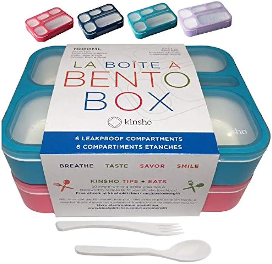 Bento Lunch Box Kids & Adult: Leakproof Containers for Boys & Girls with 6 Compartments - School, Daycare, Meal Planning Portion Control Container, BPA-Free Boxes, Utensils, Blue & Pink Set
