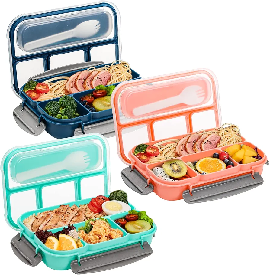 Okllen 3 Pack Bento Lunch Boxes with Spoon and 4 Compartment, Plastic Meal Prep Containers with Lids, Leakproof Food Storage Snack Container for Adults, Work, Home, 3 Colors