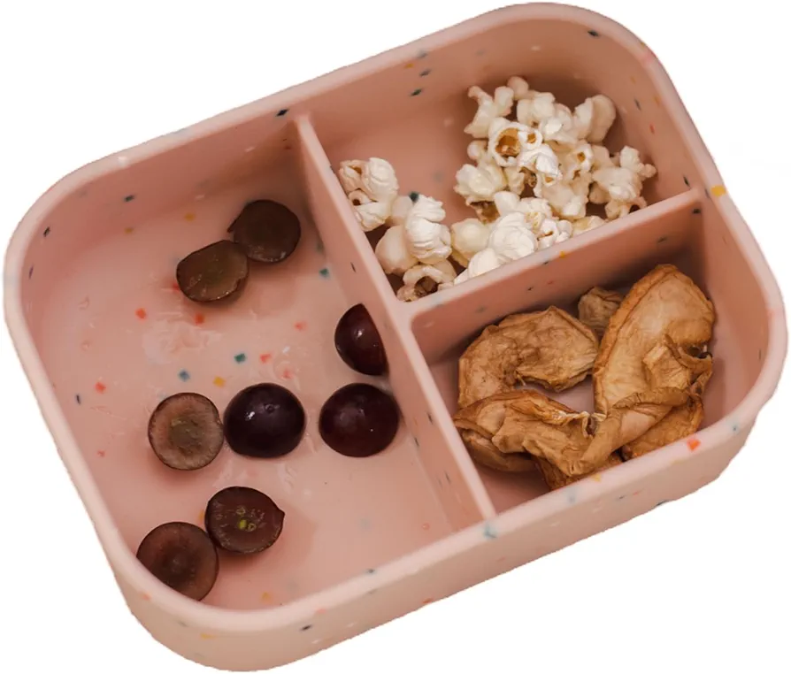 Leakproof Silicone Bento Lunch Box, Food Container For Child And Adult, 3 Compartment, 3 Colors, Cream, Green, and Rose (Rose)
