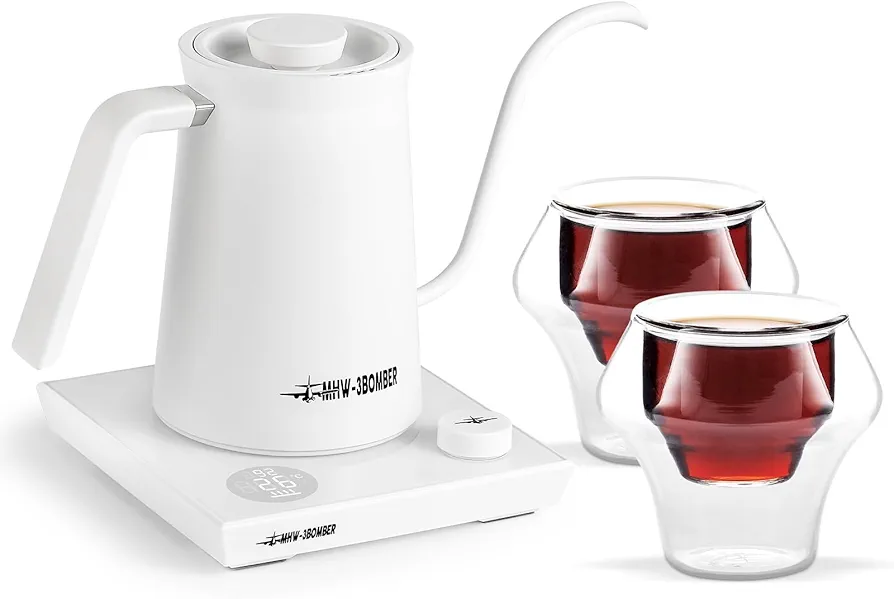 MHW-3BOMBER Double Wall Glass Coffee Mugs &Gooseneck Electric Kettle White