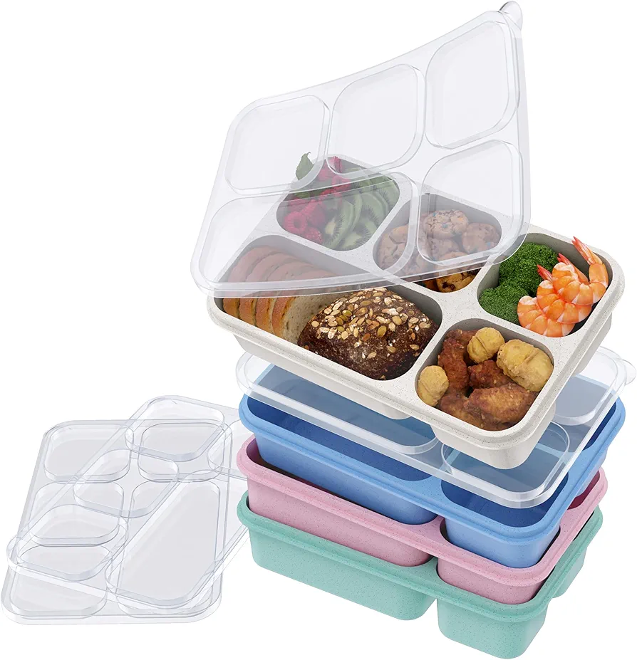 4-Pack Bento Lunch Box, 5-Compartment Lunch Boxes, Kids Snack Boxes, Stackable Ready Parties, Divided Food Storage Containers for School Work Travel Parties BBQ (Liquid food cannot be 100% leak-proof)