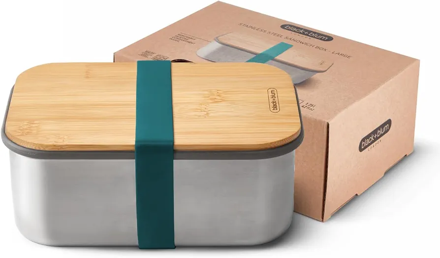 BLACK + BLUM Plastic Free Meal Prep Lunch Food Container with Bamboo Lid, Ocean Stainless Steel Sandwich Box, 1.25L/ 42 fl oz