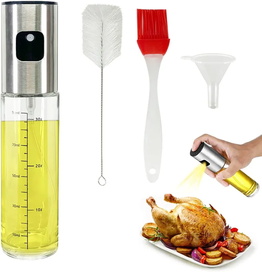 100ml Oil Sprayer Dispenser Oil Spray Bottle Vinegar Sprayer Dressing Spray with Brush Portable Grilling Olive Oil Glass Bottle Kitchen Gadgets for Salad Baking BBQ Air Fryer Roasting