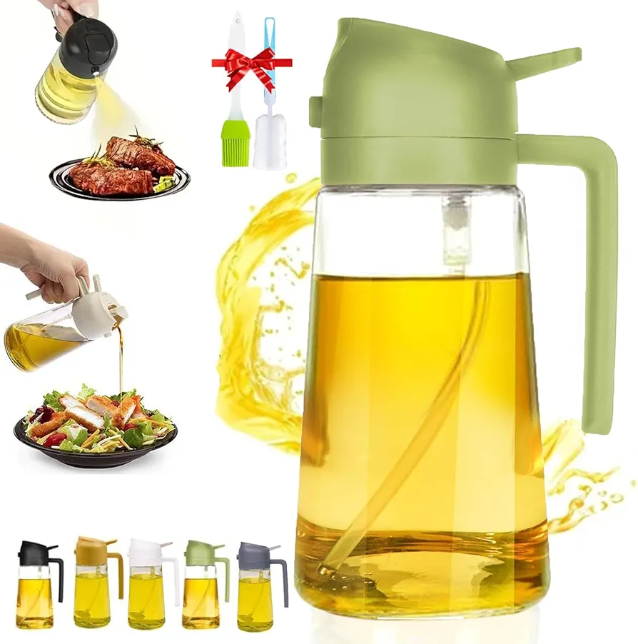 Evermire Two in One Oil Dispenser, 2 In 1 Oil Dispenser And Oil Sprayer, Oil Sprayer for Cooking, Oil Dispenser for Kitchen Spray, 2 in 1 Glass Oil Sprayer & Dispenser Bottle for Olive (Green,470ml)