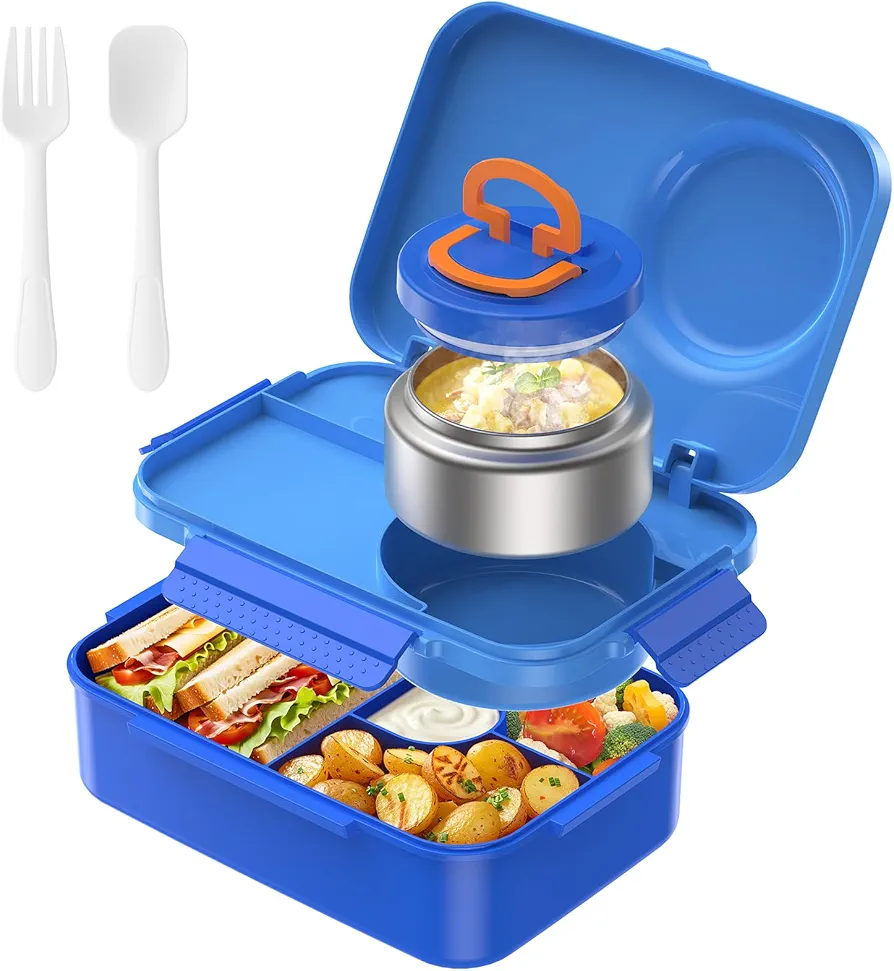 DaCool Lunch Box for Kids with 5oz Kids Soup Food Thermo for Hot Food Kids Bento Box 1500ml Leakproof Lunch Box for kids Teens Boys Lunchbox with Fork Spoon for Dining Out Work School, Blue
