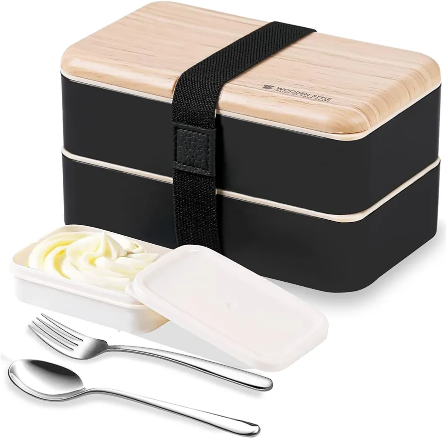 Original Bento Box Lunch Box Japanese Style 2 Layer Food Containers with Utensils Spoon and Fork Bundle Divider Salad Box for Men Women (Black)