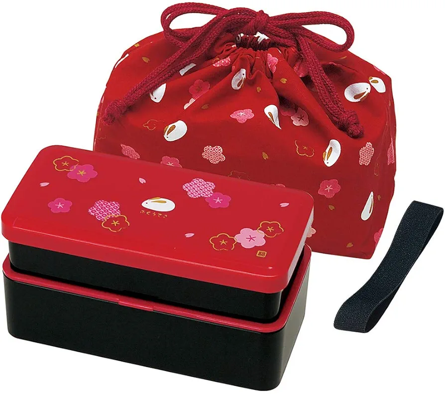 Japanese Traditional Rabbit Blossom Bento Box Set - Square 2 Tier Bento Box, Rice Ball Press, Bento Bag (Red)