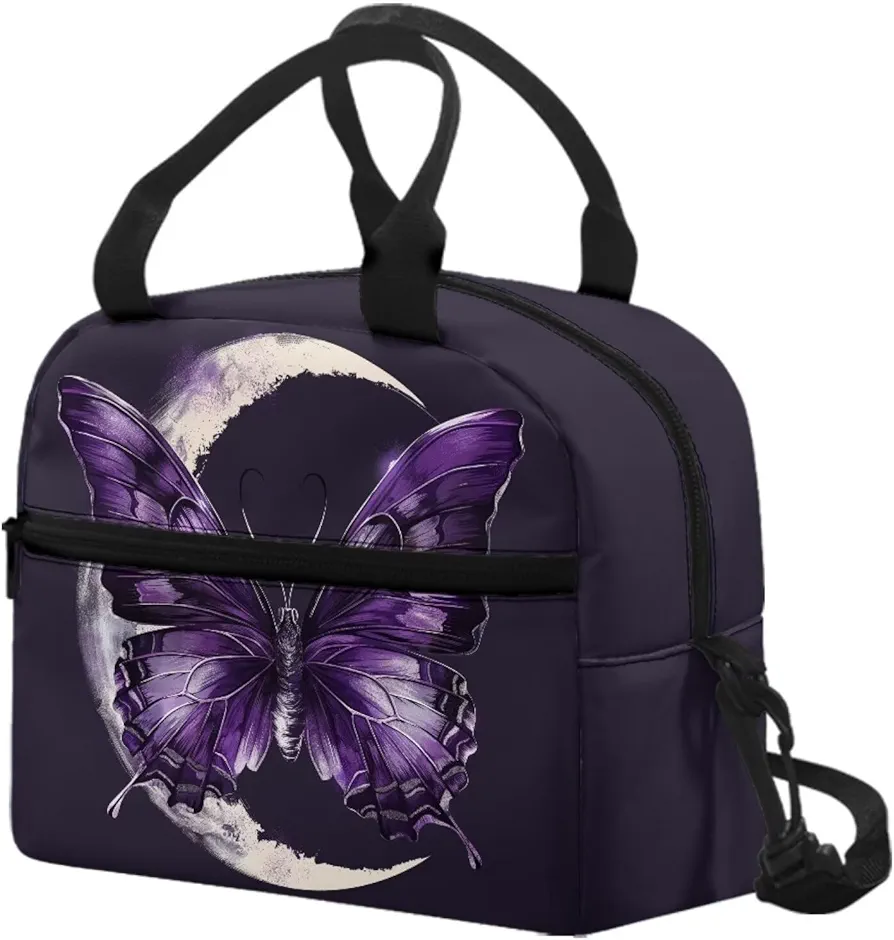 Butterfly Purple Lunch Box for Women Bento Aesthetic Lunch Bags Lunch Tote Bag Purse Lunchbox for Office Work Travel Picnic Snacks Bag Meal Prep Bag with Shoulder Strap