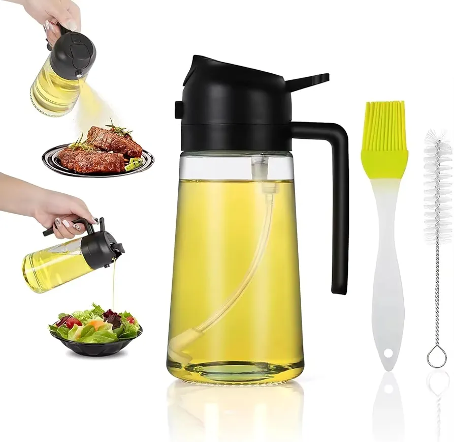 JAZZER Oil Dispenser Bottle for Kitchen - 2 in 1 Olive Oil Dispenser and Oil Sprayer - 16oz/470ml Olive Oil Bottle - Oil Sprayer for Cooking, Kitchen, Air Fryer, Salad, BBQ (with 2 Brushes) (Black)