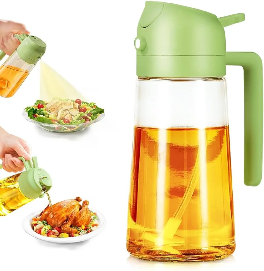 16oz/470ml Oil Spray Bottle,2 in 1 Oil Spray and Oil Container,Household Oil Dispenser, Clear Cooking Oil Sprayer Bottle, Kitchen Utensils & Gadgets for Used for Air Fryer, Baking, Grilling (Green)
