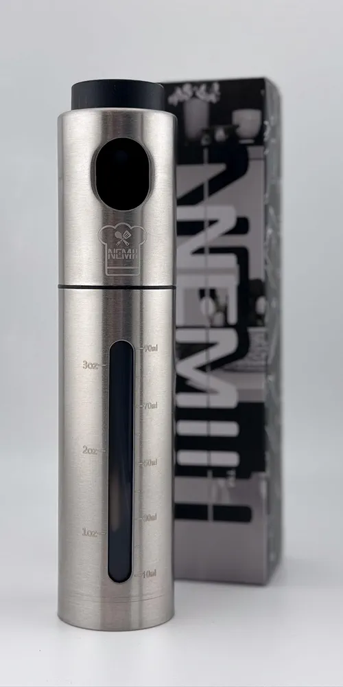 Oil Sprayer for Air fryers, Stove, BBQ | Multi Purpose: Oils, Vinegar, Soy Sauce, Wine | Stainless Steel Exterior with Window to Measure the Content | 3.4 oz Dispenser