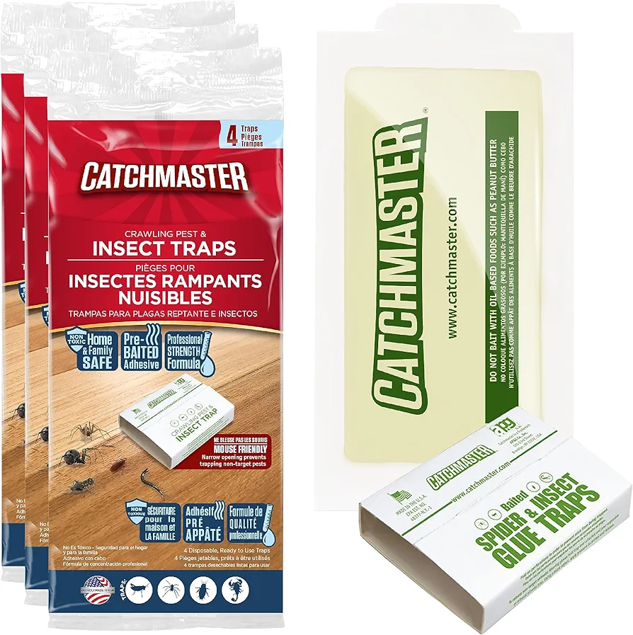 Catchmaster Crawling Pest & Insect Glue Traps 12-Count (3 Packs of 4), Insect Traps Indoor for Home, Pest Control Tray for Spiders, Crickets & Roaches
