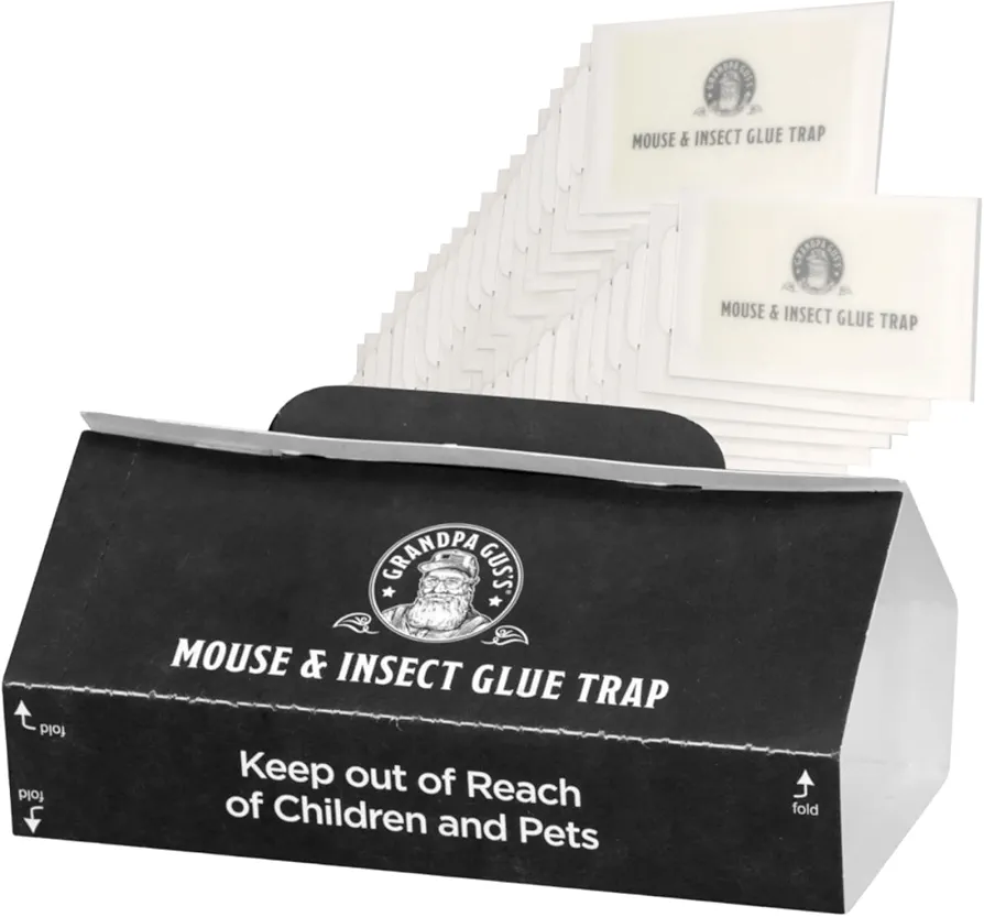 Grandpa Gus's Mouse & Insect Glue Board Traps, Extra-Long Foldable Pre-Baited Sticky Traps for Mouse, Roach, Spider, Ant & Fly, 9.25" x 5.25", Pack of 36