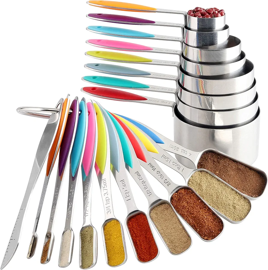 Measuring Cups and Spoons Stainless Steel Set of 19 Includes 18 Stainless Steel Measuring Cups and Spoons and 1 Leveler Set Liquid or Dry Measuring Cup and Spoon Set for Dry and Liquid Ingredient