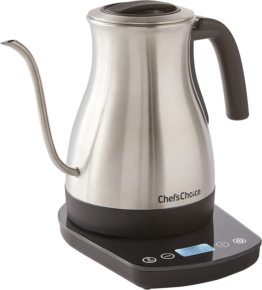Chef'sChoice Electric Kettle Gooseneck Stainless Steel 1200 Watts with Auto-Shutoff & Boil-Dry Protection, 1-Quart, Silver