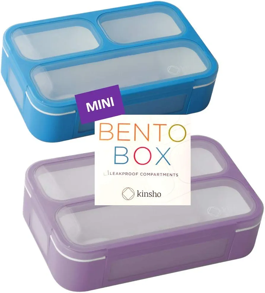 kinsho Snack Containers for Kids Toddlers Baby Adults | MINI Bento Lunch-Box | SMALL Bento-Box Portion Container | Toddler Pre-School Girls Boys | Leak-proof Boxes | Purple Blue Set of 2