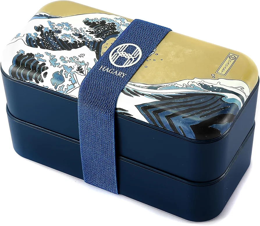 Hagary Wave Bento Box 2 Tier Japanese Lunch Box with Spoon and Fork Stackable Leak-Proof with Movable Partition Lunch Containers Scratch Proof 800ml