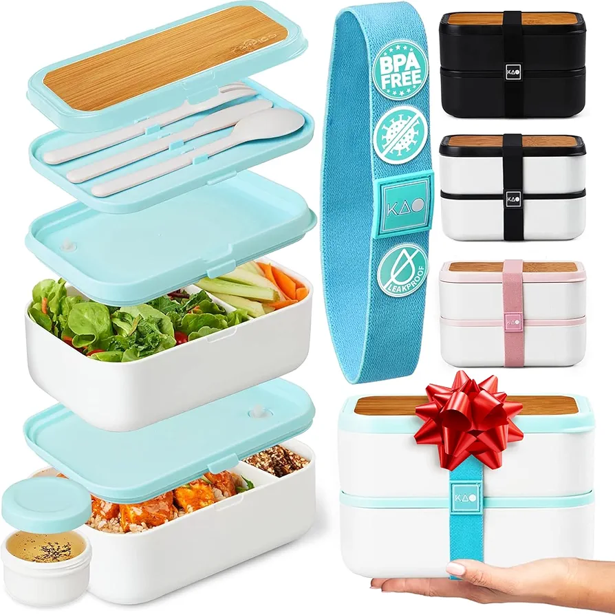 Double Premium Bento Box, 67 fl oz BPA-Free - Mint Stackable Lunch Box with Leak-Proof Lids & Dividers, Perfect for Christmas Meal Prep, Holiday Lunches & Portion Control